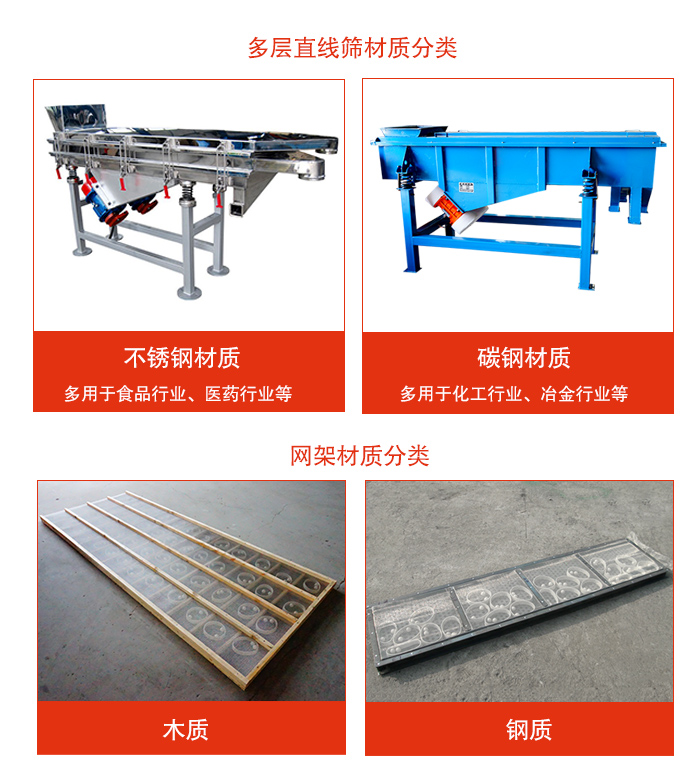 多層直線(xiàn)振動(dòng)篩材質(zhì)有：不銹鋼，碳鋼；網(wǎng)架材質(zhì)有木質(zhì)，鋼質(zhì)等。