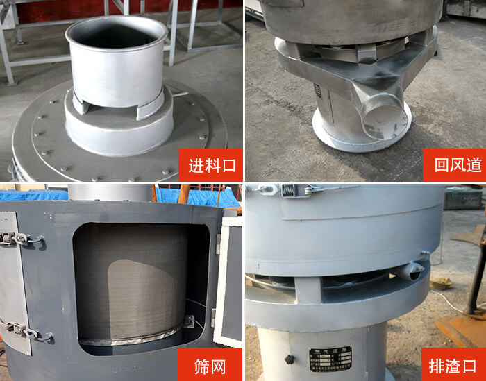 氣流篩分機進(jìn)料口，回風(fēng)道，篩網(wǎng)，排渣口。